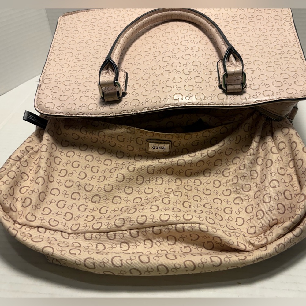 Guess Beige Logo-Embossed Satchel with Charm - Picture 7 of 9